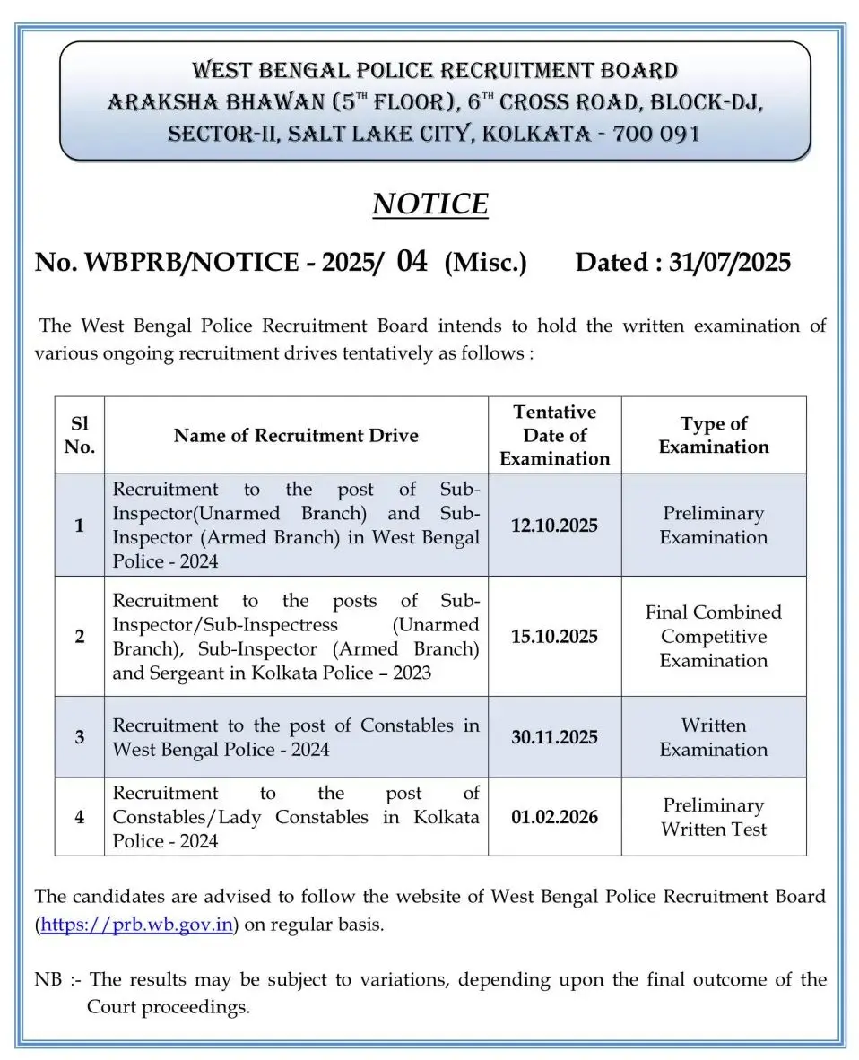 WBP SI CONSTABLE exam notice